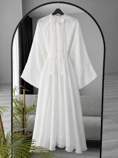 Yaka Bağlamalı Bol Kollu Liosel Tül Modal Elbise_Ekru