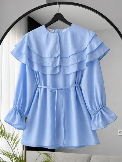Yakası Üç Katlı İnce Kuşaklı Tencel Tunik_Bebe Mavi