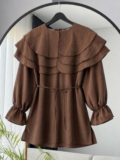Yakası Üç Katlı İnce Kuşaklı Tencel Tunik_Kahve