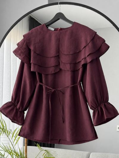 Yakası Üç Katlı İnce Kuşaklı Tencel Tunik_Mürdüm