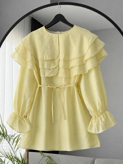 Yakası Üç Katlı İnce Kuşaklı Tencel Tunik_Sarı