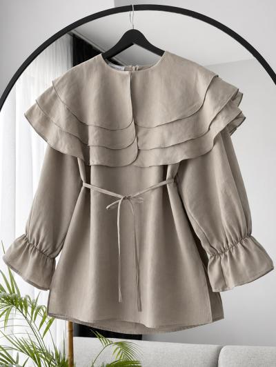 Yakası Üç Katlı İnce Kuşaklı Tencel Tunik_Taş