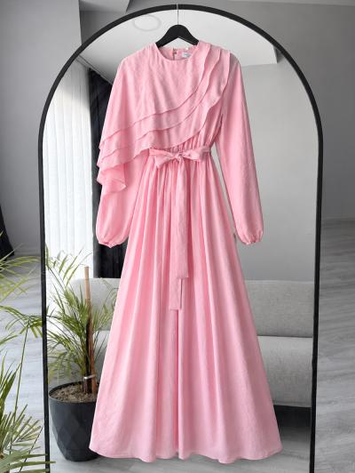 Yakası Üç Katlı Kuşaklı Tül Modal Elbise_Pembe
