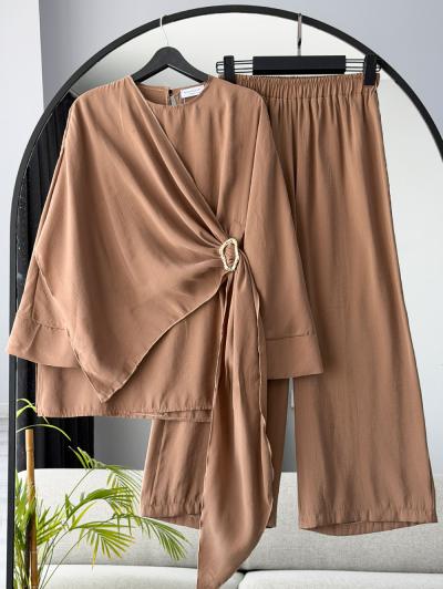 Yan Tokalı Parçalı Kuşaklı Pantolonlu Modal Takım_Camel