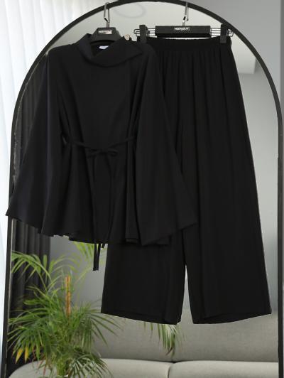 Yan Yaka Pantolonlu Toledo Tencel Takım_Siyah