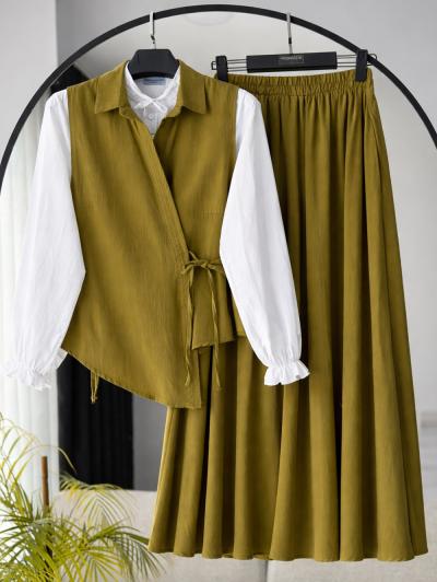 Yandan Bağlamalı Yelek Tencel Etekli Takım_Olive
