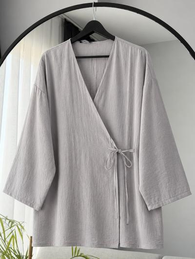 Yandan Bağlamalı Çilek Kimono_Açık Gri
