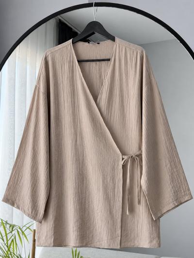 Yandan Bağlamalı Çilek Kimono_Vizon