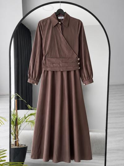 Yanı Üç Düğmeli Parçalı Poplin Elbise_Koyu Kahve