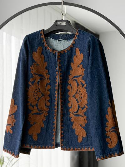 Yaprak Nakışlı Kot Kimono_Lacivert