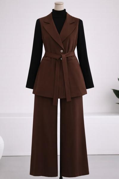 Yeleği Floto Cepli Kuşaklı Pantolonlu Tencel Takım_Kahve