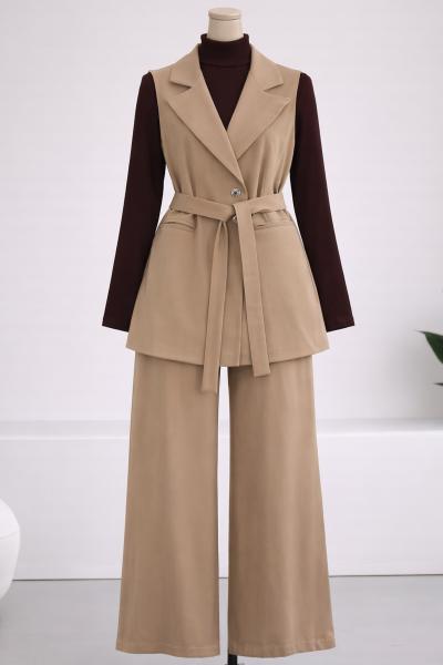 Yeleği Floto Cepli Kuşaklı Pantolonlu Tencel Takım_Koyu Bej