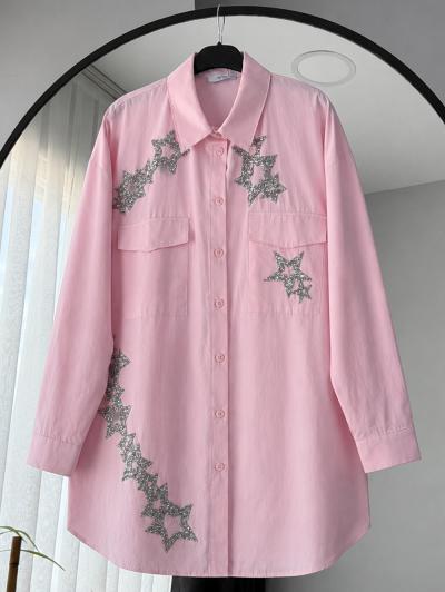 Yıldız Taş Detaylı Oversize Gömlek_Pembe