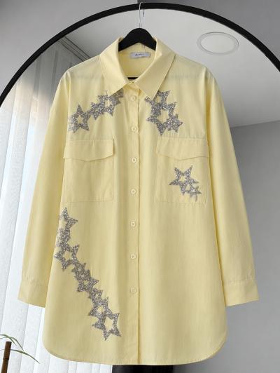 Yıldız Taş Detaylı Oversize Gömlek_Sarı